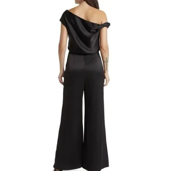 WAYF Black Satin Jumpsuit One Shoulder - Picture 3 of 11